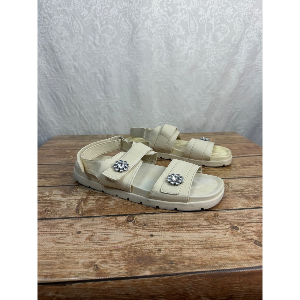 Zara Womens Ivory Leather Crystal Flower Embellished Sporty Sandals Coquette Y2K